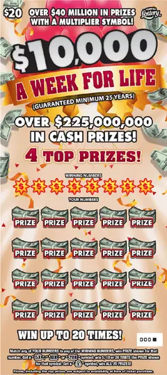 $10,000 A Week For Life $20 scratch-off ticket