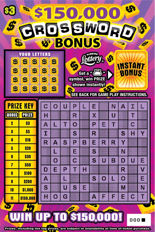 $150,000 CROSSWORD BONUS $3 Florida scratch-off ticket