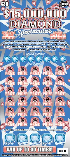 $15,000,000 DIAMOND SPECTACULAR $30 scratch-off ticket