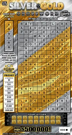 Silver & Gold Crossword $5 scratch-off ticket