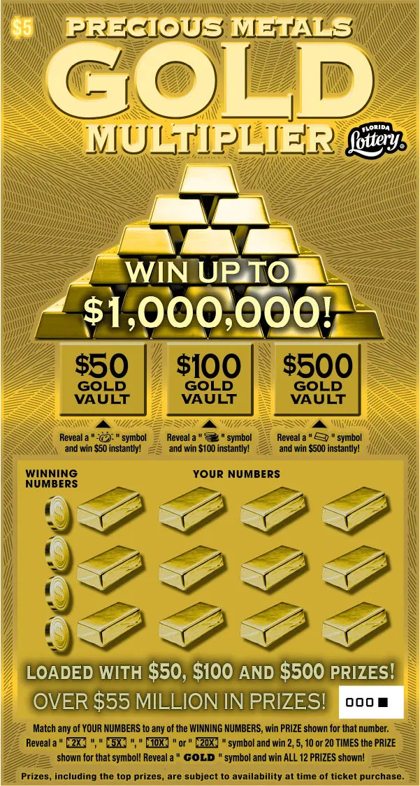 Precious Metals Gold Multiplier $5 Florida scratch-off ticket