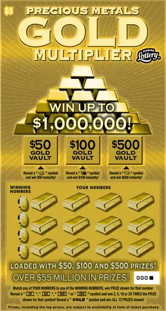 Precious Metals Gold Multiplier $5 scratch-off ticket