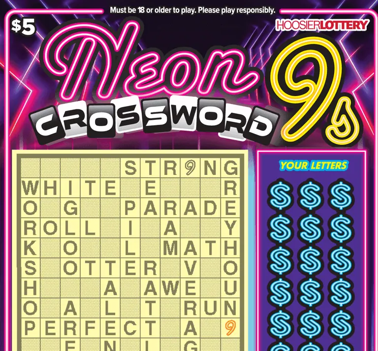 Neon 9S Crossword $5 Indiana scratch-off ticket