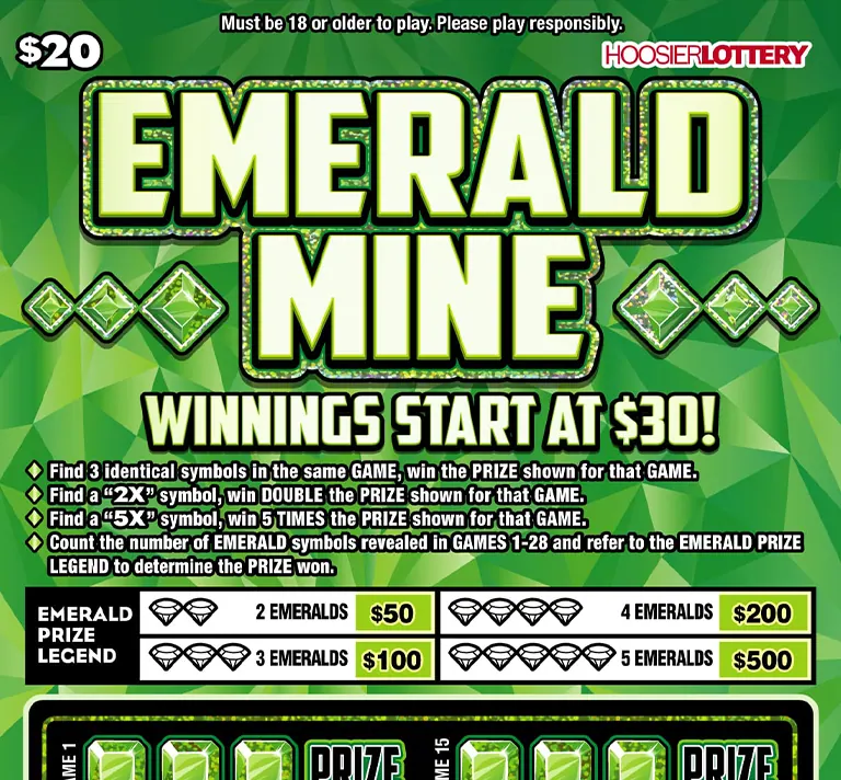 Emerald Mine $20 Indiana scratch-off ticket