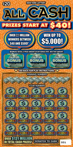 All Cash $20 scratch-off ticket