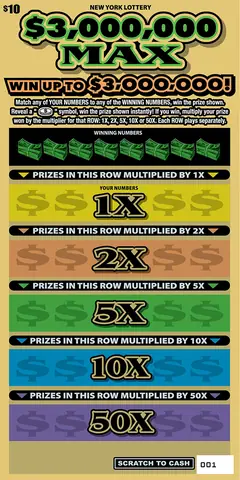 $3,000,000 Max $10 scratch-off ticket