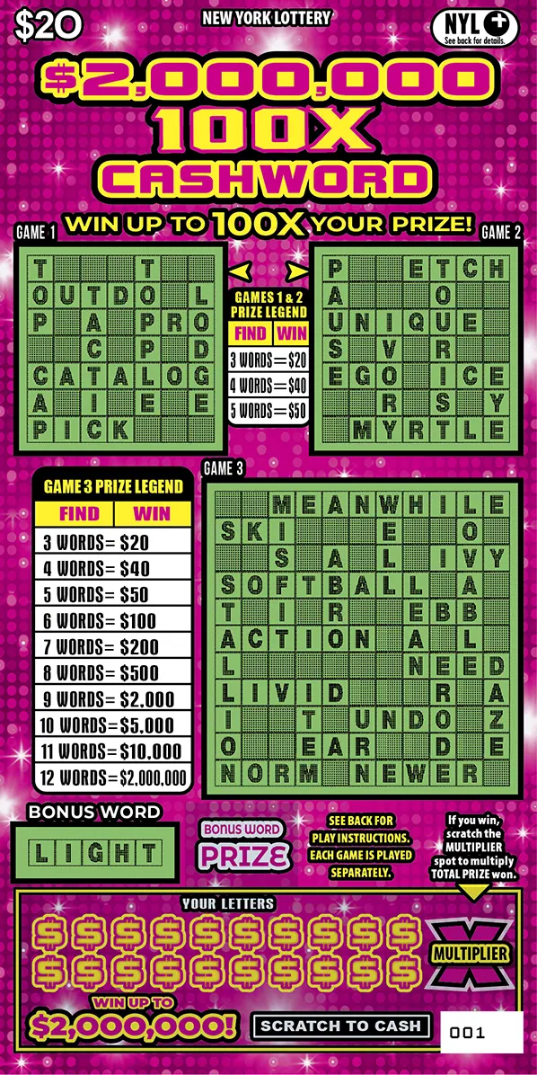 $2,000,000 100X Cashword $20 New York scratch-off ticket