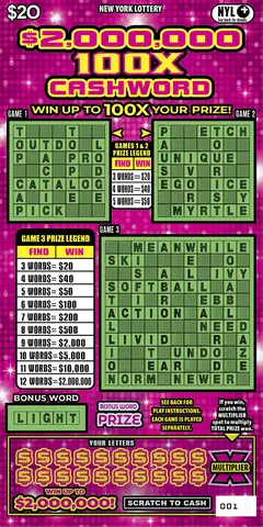 $2,000,000 100X Cashword $20 scratch-off ticket (image: New York Lottery)