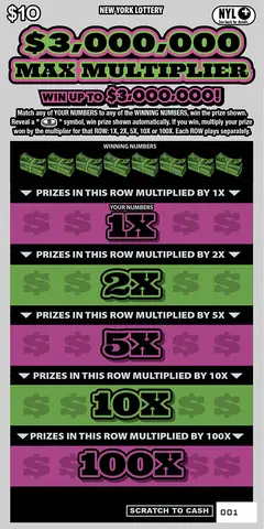 $3,000,000 Max Multiplier $10 scratch-off ticket