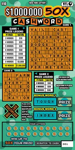 $1,000,000 50X Cashword $10 scratch-off ticket (image: New York Lottery)