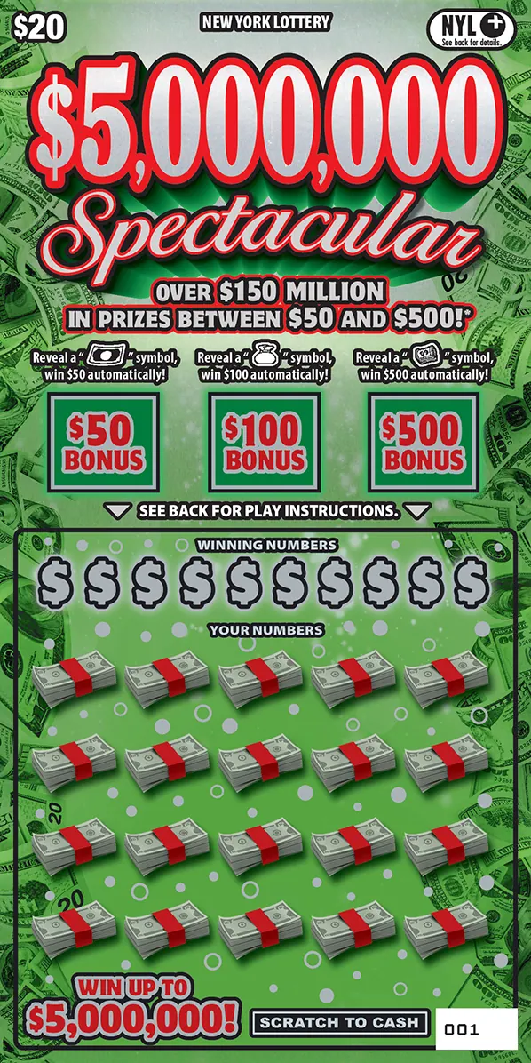 $5,000,000 Spectacular $20 New York scratch-off ticket