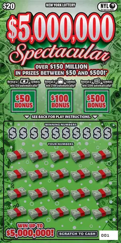 $5,000,000 Spectacular $20 scratch-off ticket (image: New York Lottery)
