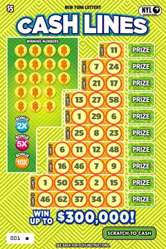 Cash Lines $5 scratch-off ticket (image: New York Lottery)