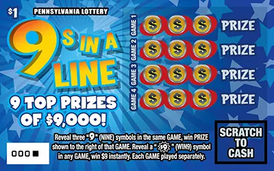 9s In A Line $1 Pennsylvania scratch-off ticket