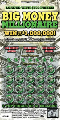 Big Money Millionaire $20 scratch-off ticket