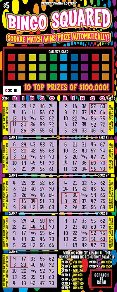Bingo Squared $5 Pennsylvania scratch-off ticket