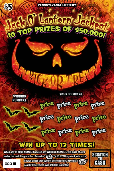 Jack O' Lantern Jackpot $5 Pennsylvania scratch-off ticket