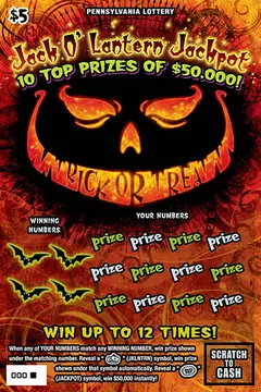 Jack O' Lantern Jackpot $5 scratch-off ticket