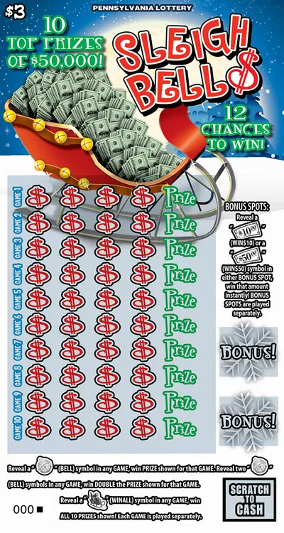 Sleigh Bell$ $3 Pennsylvania scratch-off ticket