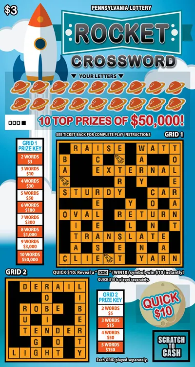 Rocket Crossword $3 Pennsylvania scratch-off ticket