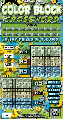 Color Block Crossword $3 scratch-off ticket