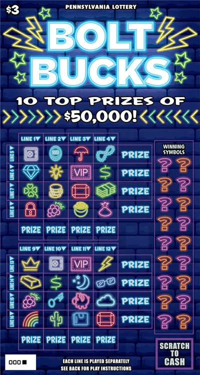 Bolt Bucks $3 Pennsylvania scratch-off ticket