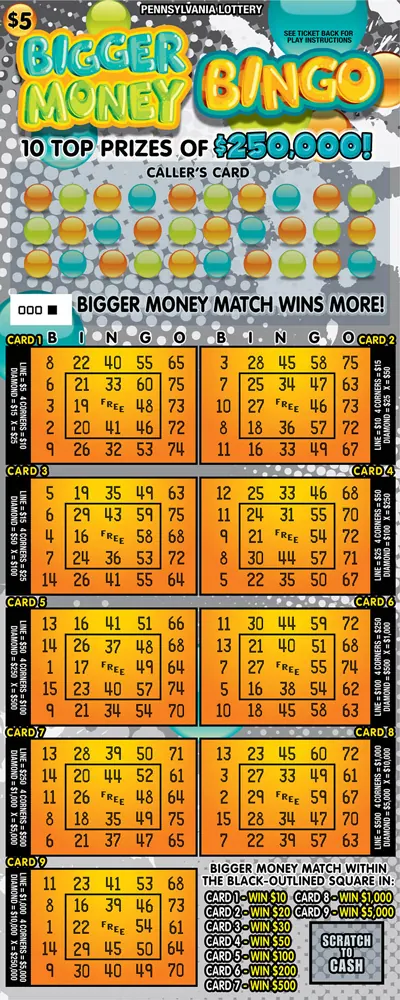 Bigger Money Bingo $5 Pennsylvania scratch-off ticket