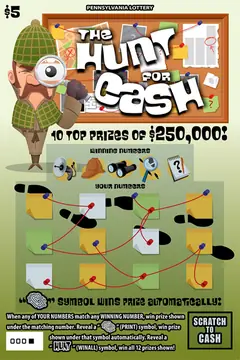 The Hunt for Cash $5 scratch-off ticket