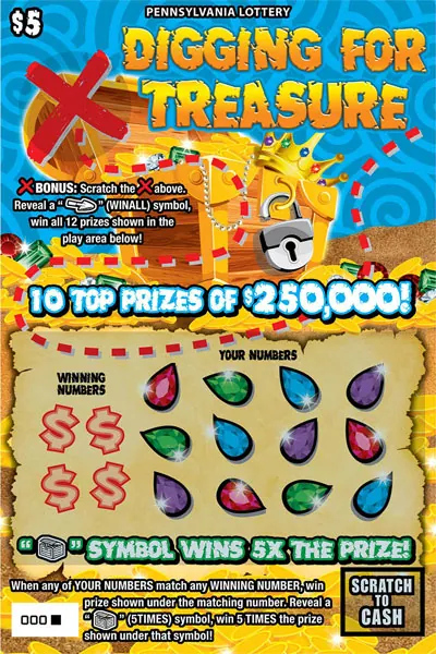 Digging for Treasure $5 Pennsylvania scratch-off ticket