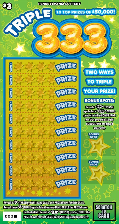 Triple 333 $3 Pennsylvania scratch-off ticket
