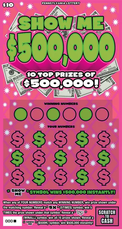 Show Me $500,000 $10 Pennsylvania scratch-off ticket