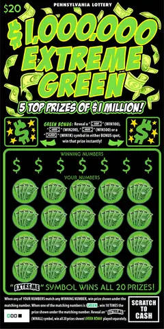 $1,000,000 Extreme Green $20 scratch-off ticket