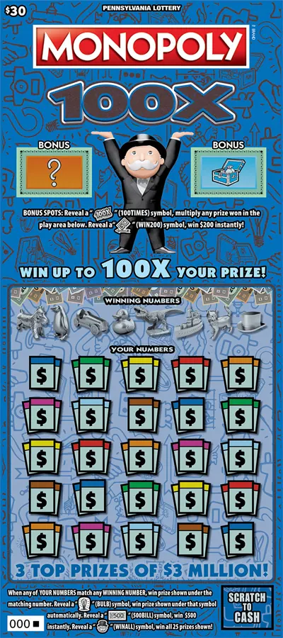 MONOPOLY 100X $30 Pennsylvania scratch-off ticket