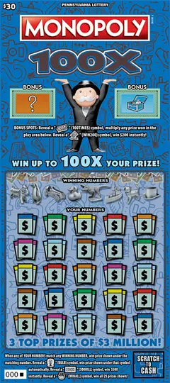 MONOPOLY 100X $30 scratch-off ticket (image: Pennsylvania Lottery)