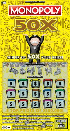 MONOPOLY 50X $10 scratch-off ticket