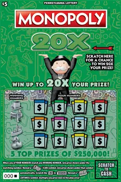 MONOPOLY 20X $5 scratch-off ticket