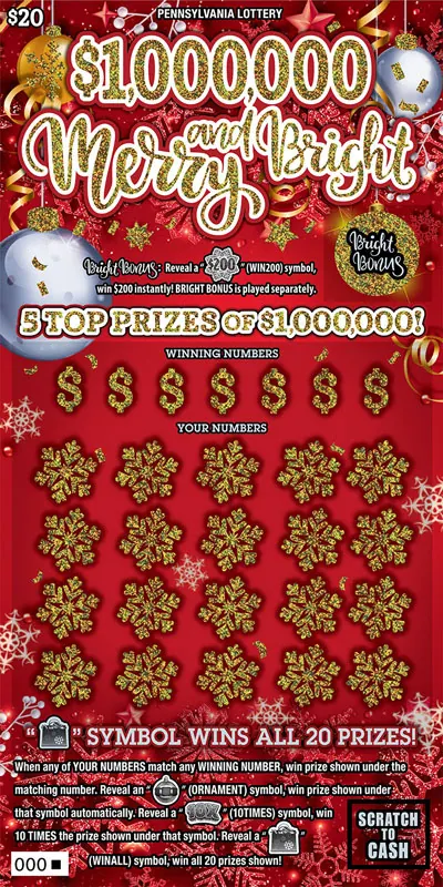 $1,000,000 Merry and Bright $20 Pennsylvania scratch-off ticket