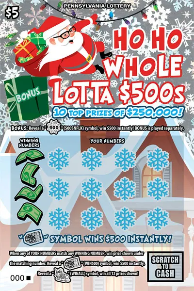 Ho Ho Whole Lotta $500s $5 Pennsylvania scratch-off ticket