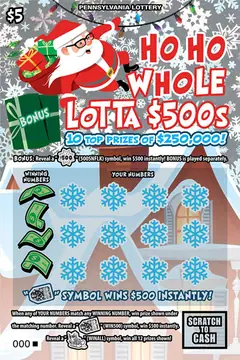 Ho Ho Whole Lotta $500s $5 scratch-off ticket