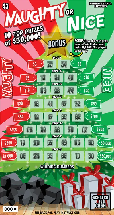 Naughty or Nice $3 Pennsylvania scratch-off ticket
