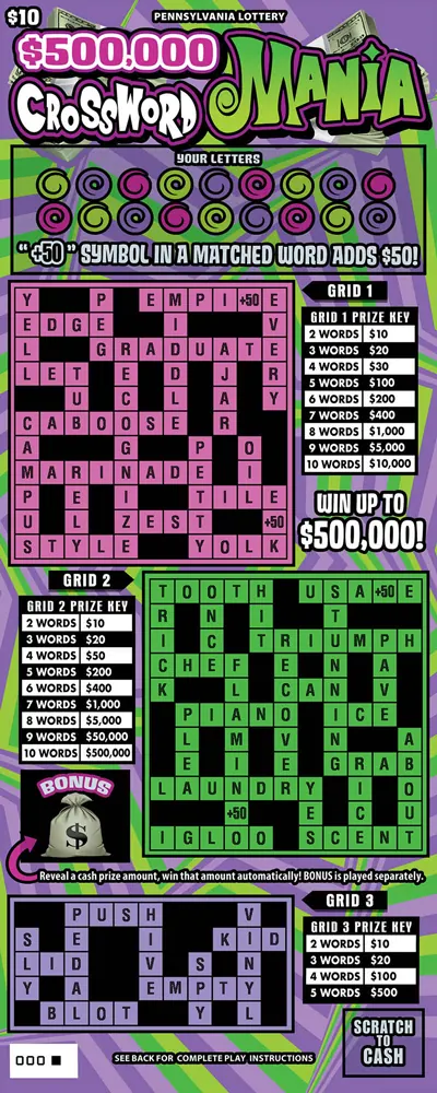 $500,000 Crossword Mania $10 Pennsylvania scratch-off ticket