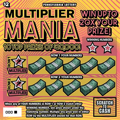 Multiplier Mania $2 Pennsylvania scratch-off ticket