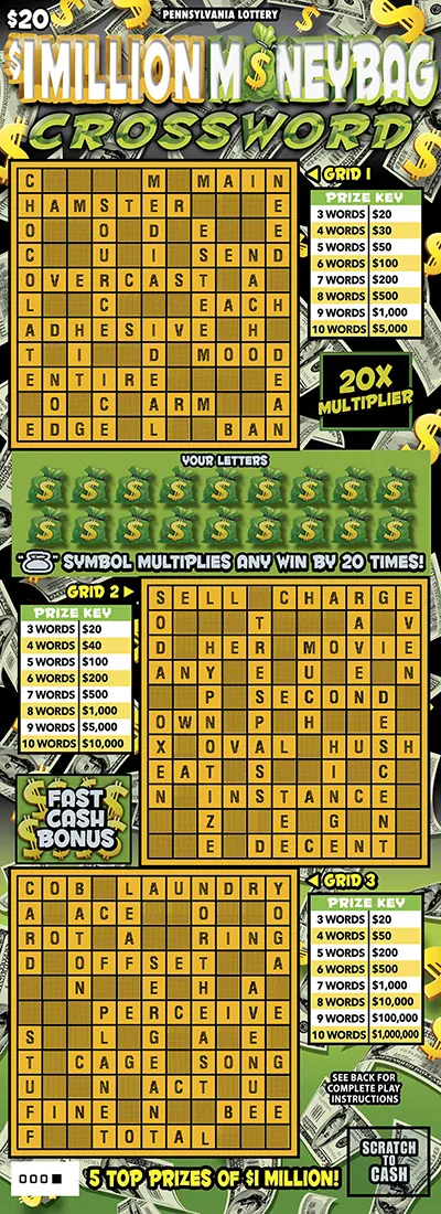 $1 Million Moneybag Crossword $20 Pennsylvania scratch-off ticket