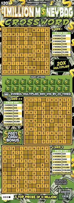 $1 Million Moneybag Crossword $20 scratch-off ticket