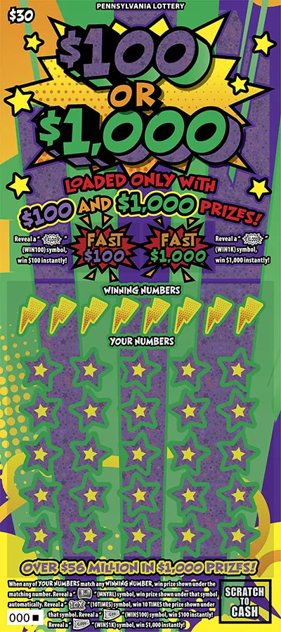 $100 or $1,000 $30 Pennsylvania scratch-off ticket