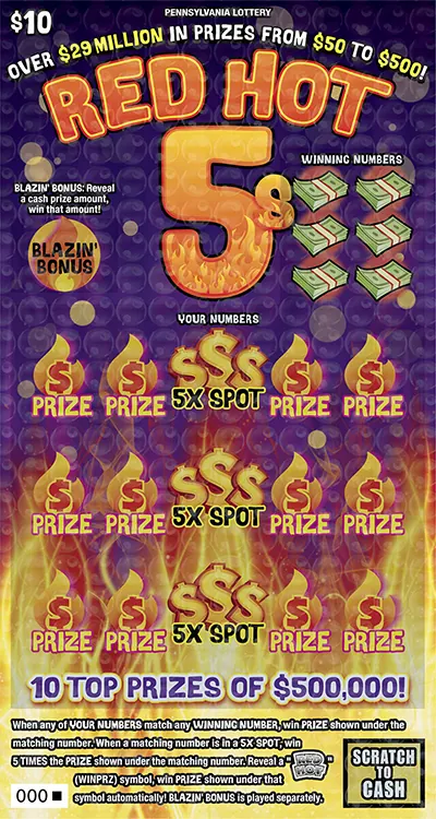 Red Hot 5s $10 Pennsylvania scratch-off ticket