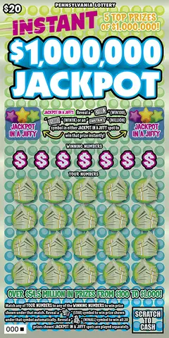 Instant $1,000,000 Jackpot $20 scratch-off ticket