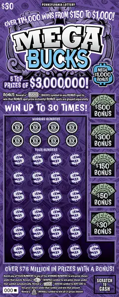 Mega Bucks $30 scratch-off ticket