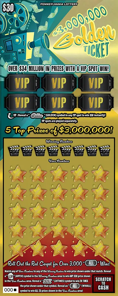 $3,000,000 Golden Ticket $30 Pennsylvania scratch-off ticket