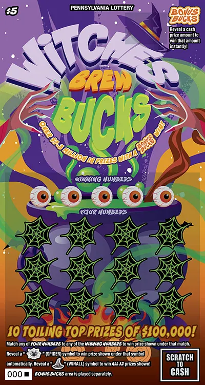 Witches Brew Bucks $5 Pennsylvania scratch-off ticket